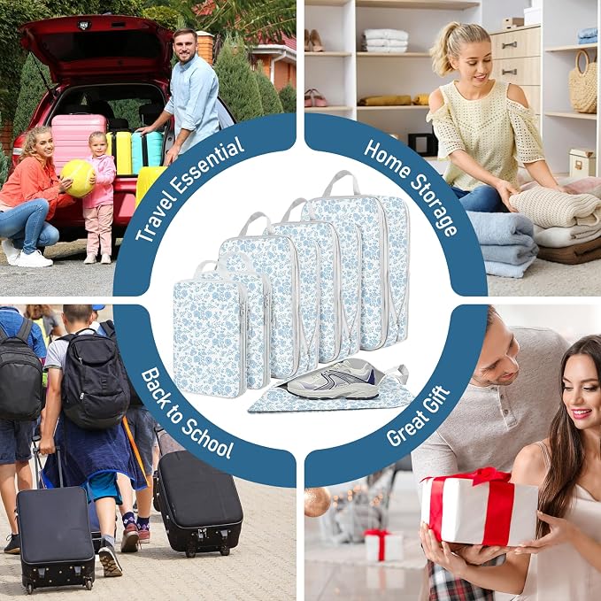 6 Set Compression Packing Cubes, Suitcase Organizer, Lightweight Travel Essentials, Compression Bags For Travel Accessories Luggage Storage Set (6Pcs, Blue floral) - Image 7