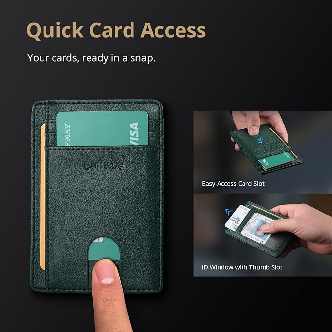 Buffway Slim Minimalist Front Pocket RFID Blocking Leather Wallets for Men and Women - Lichee Green - Image 3