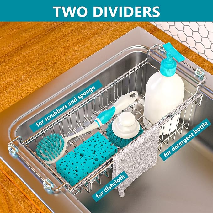 Over the Sink Caddy, Expandable Stainless Steel Sponge Holder for Kitchen Sink, 14.5-22 in Sink Organizer Rack for Sponge, Soap, Brush, Dish Cloth and Rag, Rust-Resistant Drying Holder - Image 2