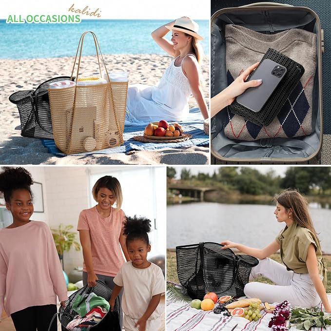 KALIDI Beach Mesh Tote Bag, Casual MAX 23L Summer Foldable Hobo Bag Women | Sandproof Widen Strap Large Shoulder Bag For Lake Pool Vacation Travel Picnic Grocery Market Shopping Carrier - Image 7