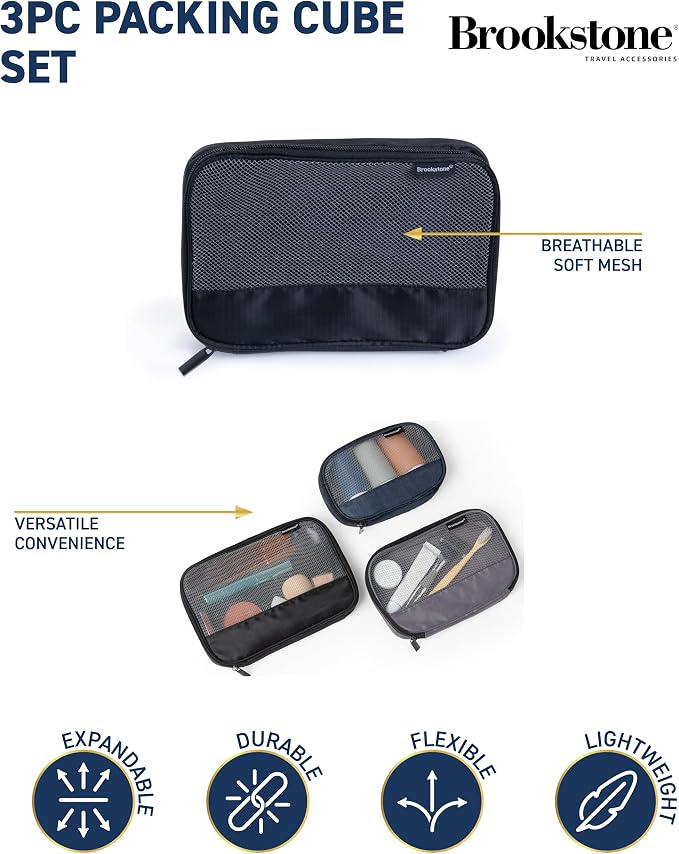 Brookstone Compression Packing Cube Set, 3 Piece, Space Saving | Rip-Resistant Fabric Protects Belongings on the Go, Mesh Panels for Easy Visibility, Keeps Luggage Neat for Travel - Image 2