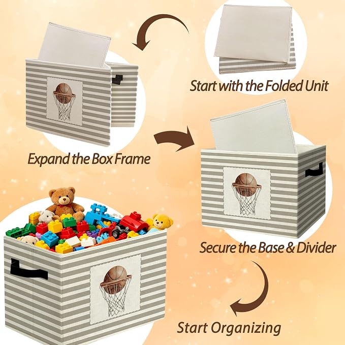 Rustic Basketball Hoop Storage Bins Boxes Handles | grey striped nursery foldable basket for organizing bedroom toddler playroom - Image 6