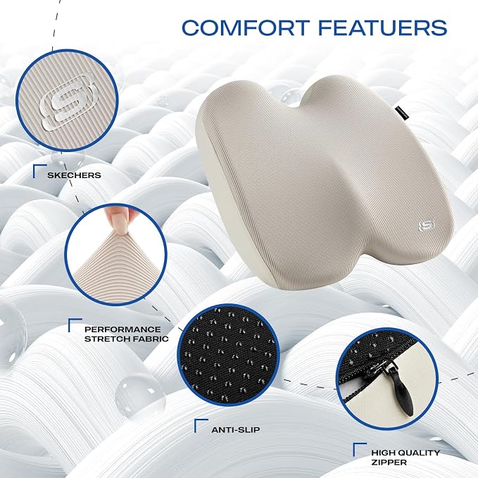 Skechers Seat Cushion, Ergonomic Memory Foam Cushion for Long Sitting Hours on Office & Home Chair, Car Seat Cushion for Sciatica, Coccyx Cushion,Beige - Image 3