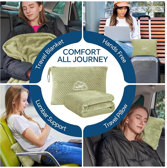 BEDELITE Travel Blanket with Bag, Jacquard Fleece Blanket 65"x40", Sage | Ultra-soft Airplane Blanket, Luggage Sleeve & Backpack Clip, Travel Essentials for Women, Foldable as Pillow for Long Flight - Image 4