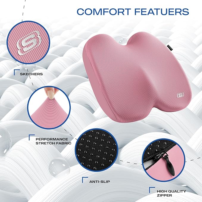 Skechers Seat Cushion, Ergonomic Memory Foam Cushion for Long Sitting Hours on Office & Home Chair, Car Seat Cushion for Sciatica, Coccyx Cushion,Pink - Image 3