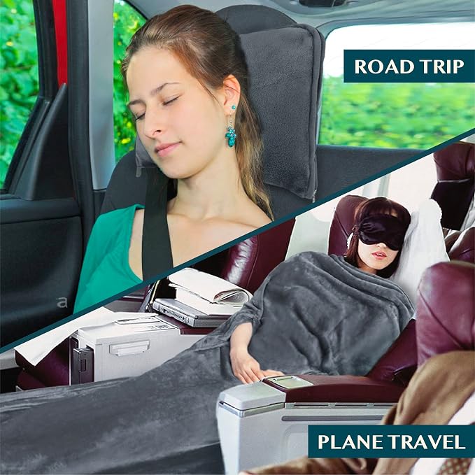 PAVILIA Travel Blanket and Pillow, Arms Opening Airplane Blankets for Adults, Compact Plane Blanket with Arm Hole 2-in-1 Bag for Flight Car Camping Fit in Luggage Backpack Traveler Gift, Dark Gray - Image 6