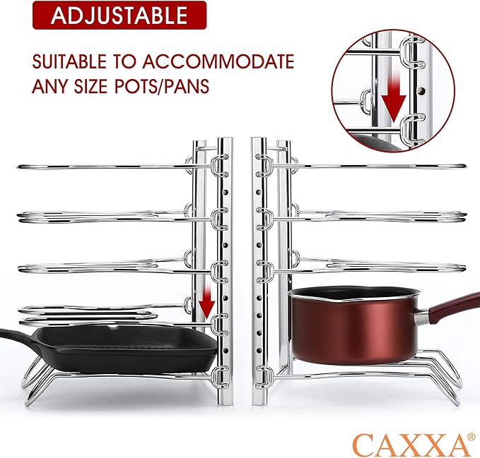 CAXXA Heavy Duty Pan Rack, Pot Lid Rack, Kitchen Cabinet Pantry Cookware Organizer Rack Holder with 5 Adjustable Dividers, Chrome (Pack of 2) - Image 4