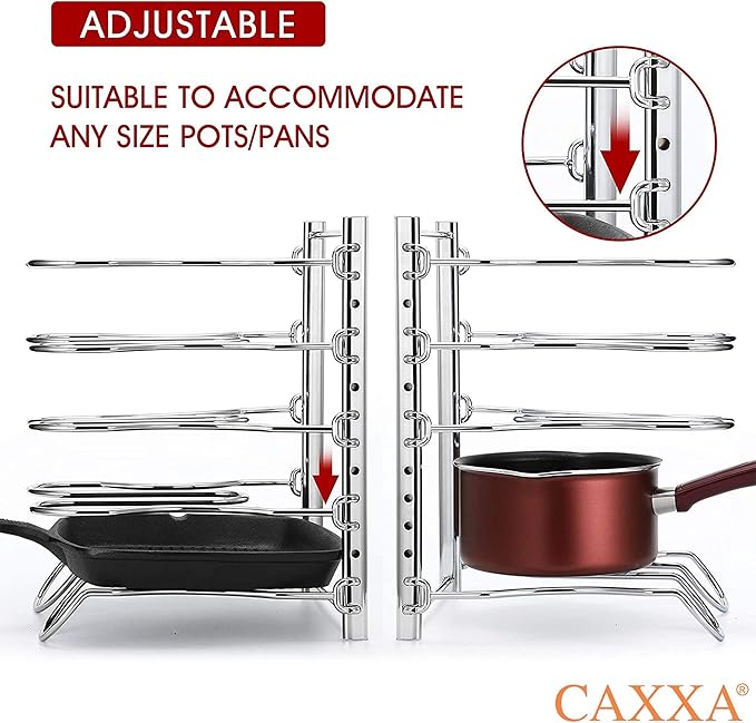 CAXXA Heavy Duty Pan Rack, Pot Lid Rack, Kitchen Cabinet Pantry Cookware Organizer Rack Holder with 5 Adjustable Dividers, Chrome - Image 4