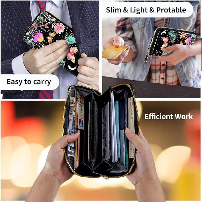 Wallet,Leather Long Wallet Suitable For Ladies And Teenagers - Detachable Wristband + RFID Travel Wallet With Card Slot - Butterfly Moon Flower - Image 7