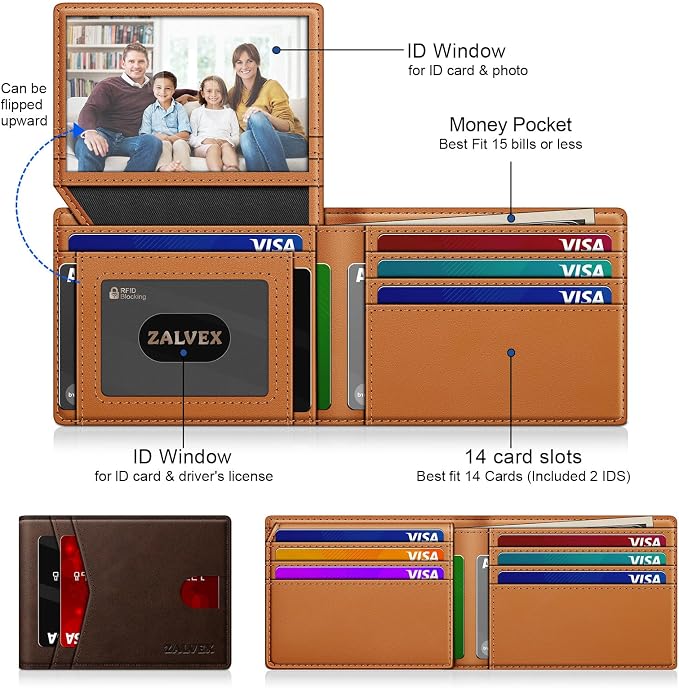 ZALVEX Wallet for Men Slim RFID Blocking Leather Credit Card Holder Wallet | 14 Cards Bifold Minimalist Thin Wallet with 2 ID Windows & Cash Slot Front Pockt Carteras Para Hombres Birthday Gifts for Men - Image 2