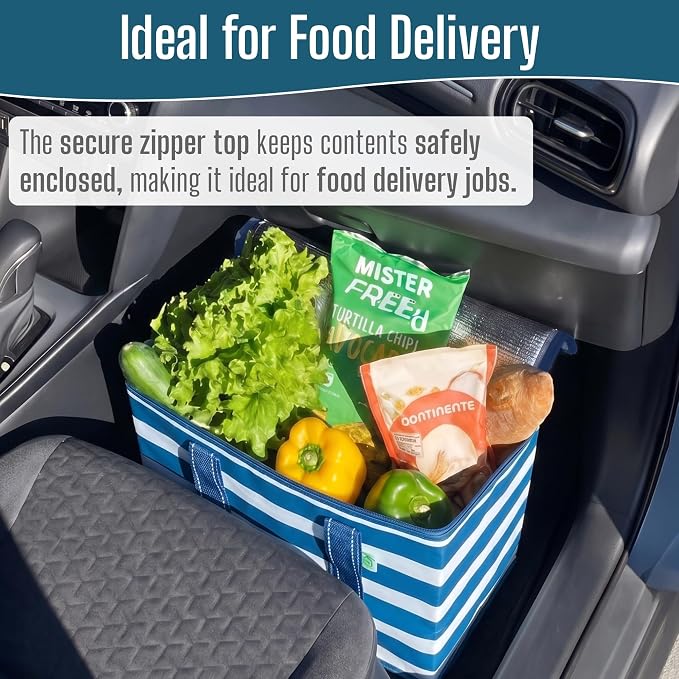 VENO 2 Pack Insulated Cooler Bag Reusable Grocery Bag for Food Delivery | Heavy Duty Large Collapsible Cooler Shopping Tote w/ Zippers,Foldable,Stands Upright for Camping(Classic Navy Stripe,2 Pack) - Image 8