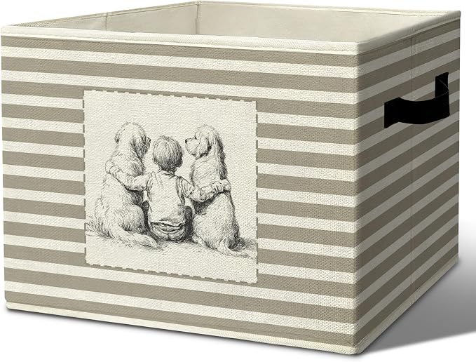 Rustic Boy and Dog Storage Bins Boxes Handles | grey striped nursery foldable basket for organizing bedroom toddler playroom by Unknown