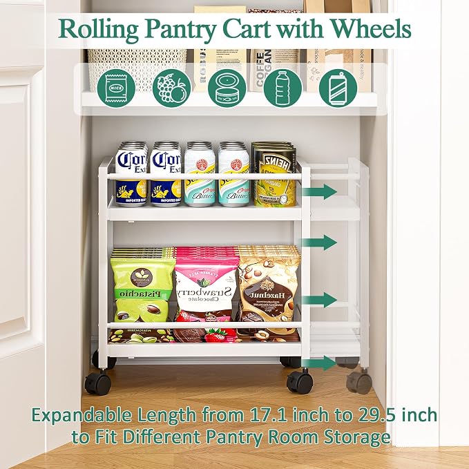 2 Pack 2-Tier Expandable Rolling Pantry Cart with Wheels, Adjustable Floor Organizer for Kitchen Pantry, Can Organizer for Pantry, Storage Cart for Snack, Food, Vegetables, White, Patent Pending - Image 2