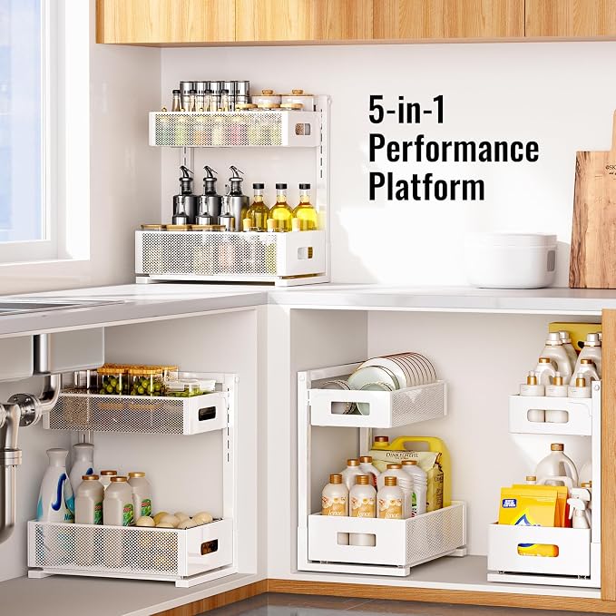 TISTAYA Full Metal Under Sink Organizer, Pull Out Cabinet Organizers and Storage, Silk-Smooth Sliding Drawer for Kitchen, Bathroom, Pantry, Cabinet, Closet (White, 2 Pack) - Image 8