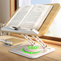 LOXP Ergonomic Book Stand for Reading, 360° Rotating Holder with Page Clip | Adjustable height angle, Hands-free, anti-slip base, Fits tablets cookbooks magazines laptops, wood and metal, White by LOXP