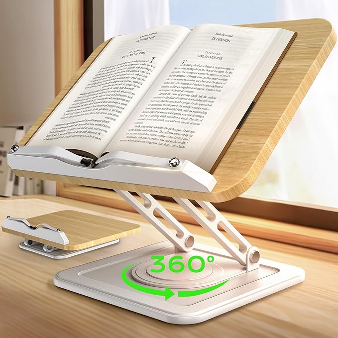 LOXP Ergonomic Book Stand for Reading, 360° Rotating Holder with Page Clip | Adjustable height angle, Hands-free, anti-slip base, Fits tablets cookbooks magazines laptops, wood and metal, White by LOXP