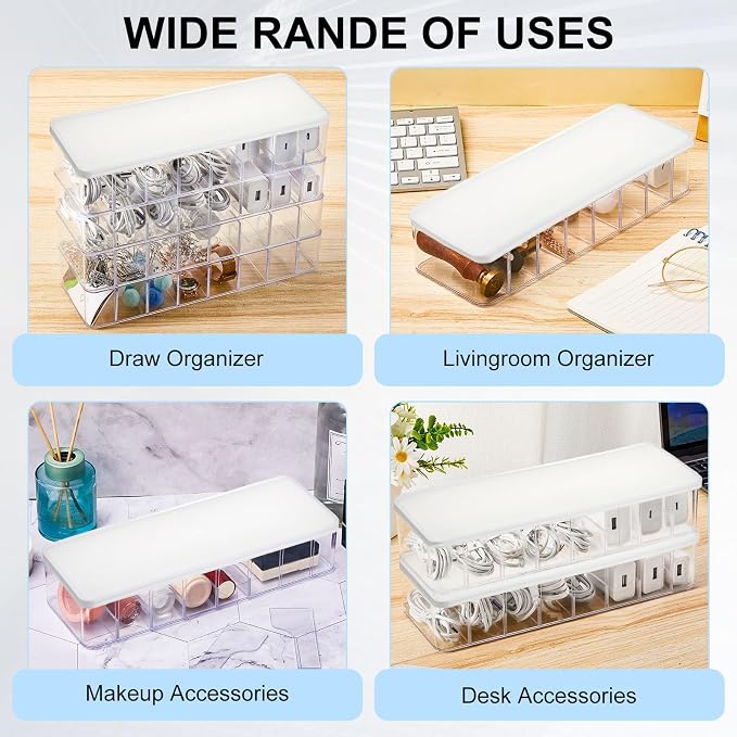 Tatuo 1 Pcs Cord Organizer for Drawer Desktop, Cable Organizer Box with 8 Compartments and Wire Ties, Plastic Charger Storage with Lid, Electronics Case for Home Office Accessories (Small,Clear,White) - Image 7