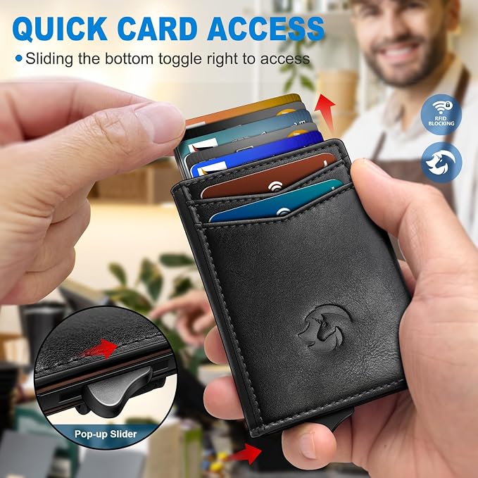 Wallet for Men, Slim Pop Up Card Holder with RFID Blocking, Minimalist Bifold Wallet with 10 Card Slots, 2 ID Window and Money Clip, Metal Flip Case with Magnetic Closure, Gift Box - Image 4