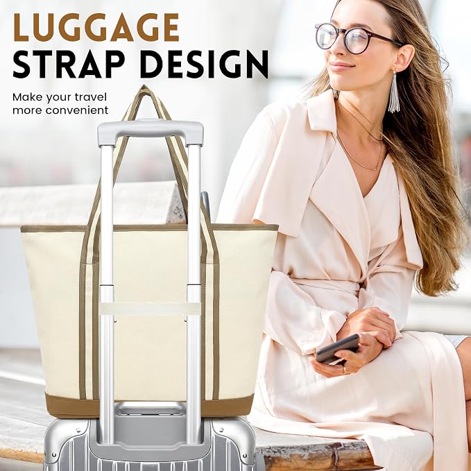 Large Canvas Tote Bag for Women, Beach Bag with Zipper, Utility Tote Bag with 3 Front Pockets, Weekender Pool Bag - Image 2