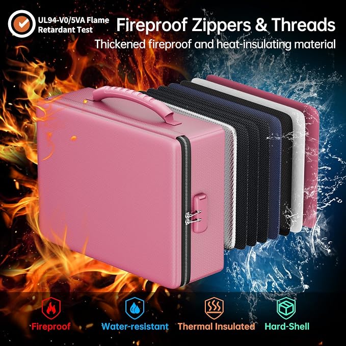 ENGPOW Fireproof Document Box with Lock & Heat-Resistant Fireproof Zipper | 6400°F 12-Layer Fire Protection, Hard File Organizer with Pockets, Portable Home Chest Safe Storage for Money,Jewelry, Pink - Image 2
