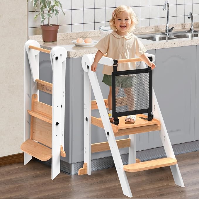 Foldable Toddler Tower, 3 Adjustable Height, Toddler Kitchen Stool Helper | Wooden Standing Tower with Safety Net ,Safety Feet,for Kitchen, Bathroom, Study Room,Offer Customer Service by Unknown