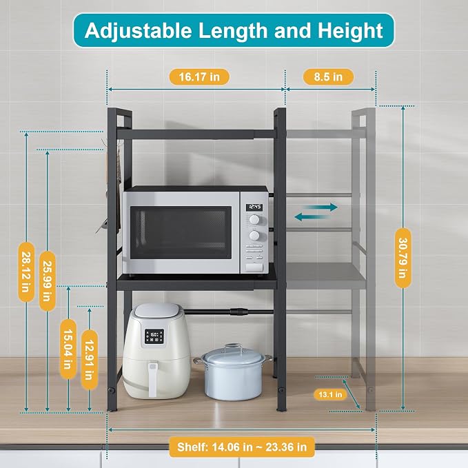 DOLALIKE Microwave Oven Rack, Expandable Microwave Stand Countertop Kitchen Utensils Tableware Storage, Carbon Steel Over Microwave Shelf Countertop with 3 Hooks | Adjustable Microwave Oven Rack Metal Storage Shelf with 3 Hooks for Pans Small Appliance... - Image 2