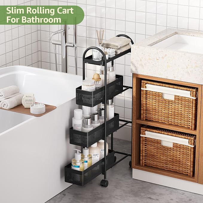 KINGRACK 4 Tier Slim Rolling Cart with Drawer, Metal Utility Storage Cart | 3 Pull-out Baskets, Lockable Wheels, Narrow Space Trolley Organizer for Bathroom, Kitchen, Office, Dorm, Laundry Room, Black - Image 2