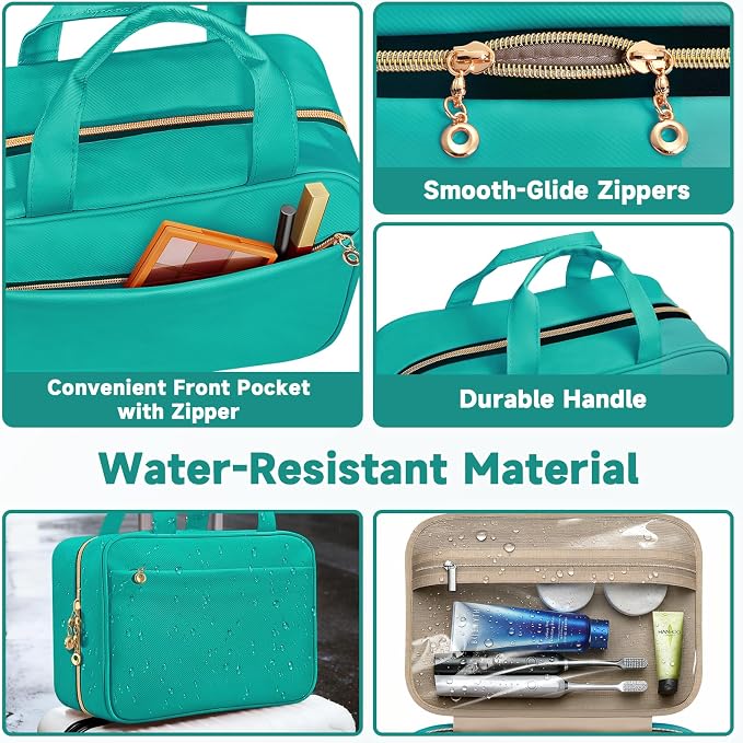 Travel Toiletry Bag for Women, Hanging Makeup Organizer Clear Pockets | Large Hanging Travel Organizer with Compartments, Front Pocket, Fits Full-Size Skincare, Makeup & Toiletries(Green, Medium) - Image 5