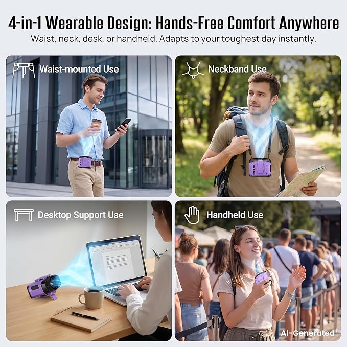 AJVV Portable Waist Fan Wearable Belt Fan Clip on Fan for Shirt, 40H Max Personal Cooling, for Camping, Outdoor, Jobsite, Travel, Black (Violet) - Image 4