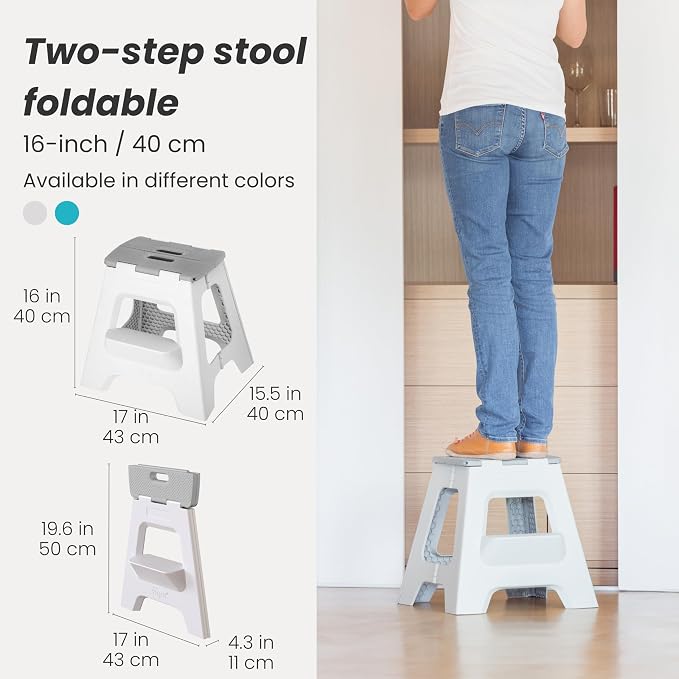 Vigar Compact Folding Step Stool, Gray, 16 Inch 2 Step Foldable | Foldable, Lightweight Portable Design, Carry Handle, Non Slip Surface, Space-Saving Body, Supports up to 330 lb - Image 2