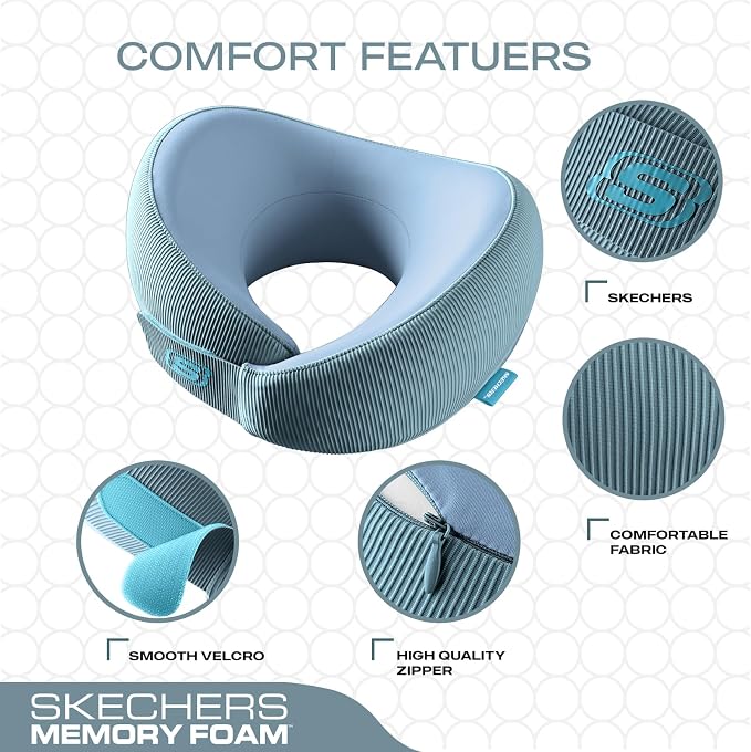 Skechers Women's Memory Foam Neck Pillow, Comfortable & Breathable Travel Pillow,Neck Pillow Airplane for Travel, Car Rides, Home, and Office Use, Ergonomic Design for Men and Women,Light Blue - Image 3