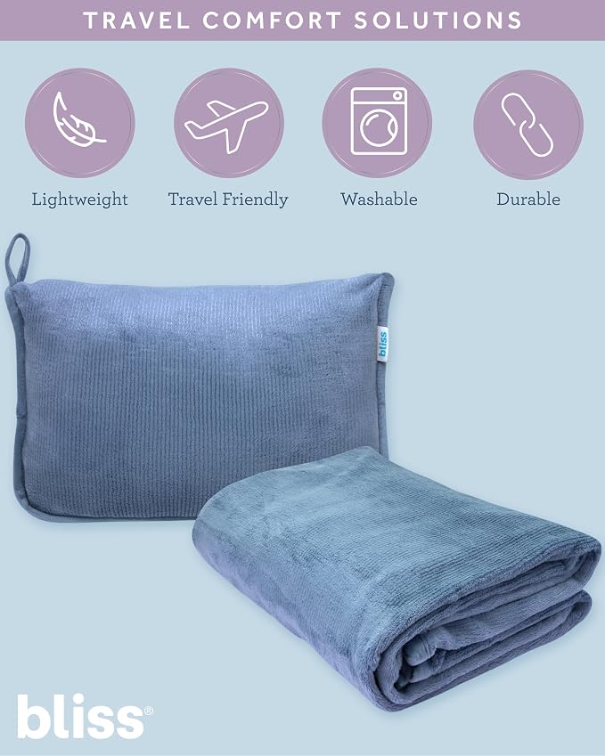 Bliss Faille Travel Pillow & Blanket Set, 2-in-1, Compact | Smooth Textured Fabric Feels Soft Against Skin, Packs Down Small for Flights or Camping, Machine-Washable Cover for Easy Care - Image 2