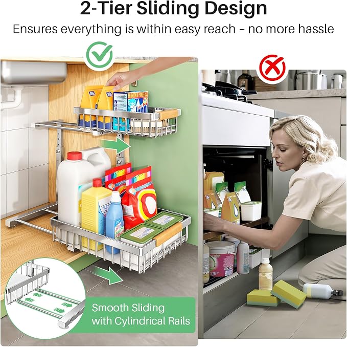 Kitstorack Under Sink Organizer, 2 Tier Under the Sink Storage, Slide out Pull out Cabinet Organizer Shelf, Metal Sliding Drawer for Kitchen Bathroom Pantry Closet Organization Rack, Silver, 2 Pack - Image 7