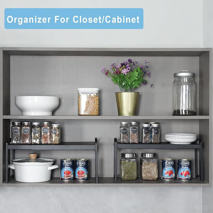 X-cosrack 25.5 Inches 3 Pack Expandable Cabinet Shelves, Stackable Shelf Organizer for Kitchen Cabinet Countertop Storage, Adjustable Counter Cupboard Pantry Organizer Shelf Rack Stand Riser, Black - Image 6