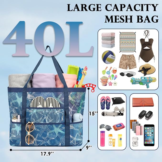 Fammart Mesh Beach Bag for Women, Large Beach Toy Pool Bag with Zipper Pocket, SandProof Cruise Essentials 2026 Family Travel - Image 4