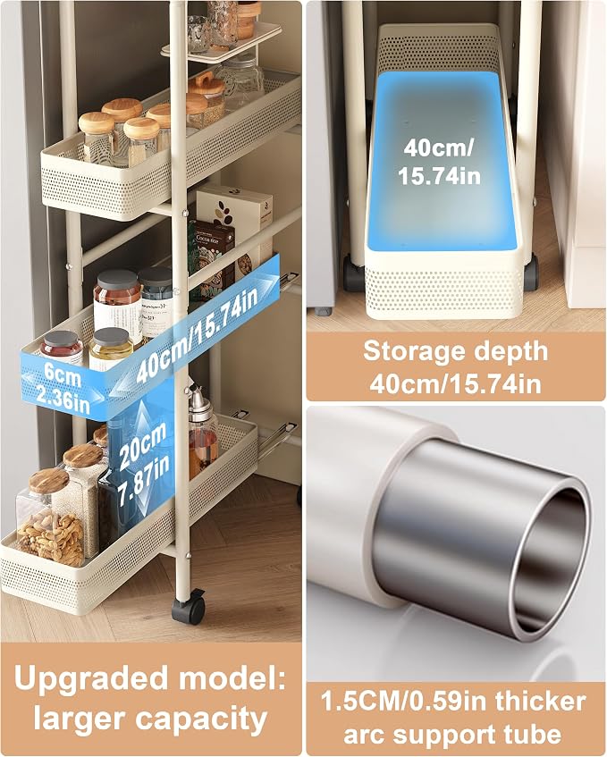 UMDONX 4-Tier Narrow Mobile Storage Cart with Pull-Out Baskets | The Multifunctional Pull-out Storage Rack Is Suitable for Bathrooms, Kitchens, and Laundry Rooms - Image 3