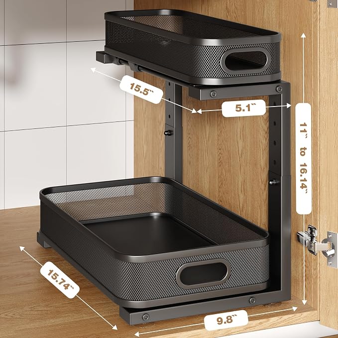 2 Pack 15.7IN-Depth Under Sink Organizer With Smooth Cylindrical Rail,2-Tier Pull Out Multi-Purpose Cabinet Storage for Bathroom&Kitchen,Height Adjustable,Rust-resistant Coating-Black - Image 2