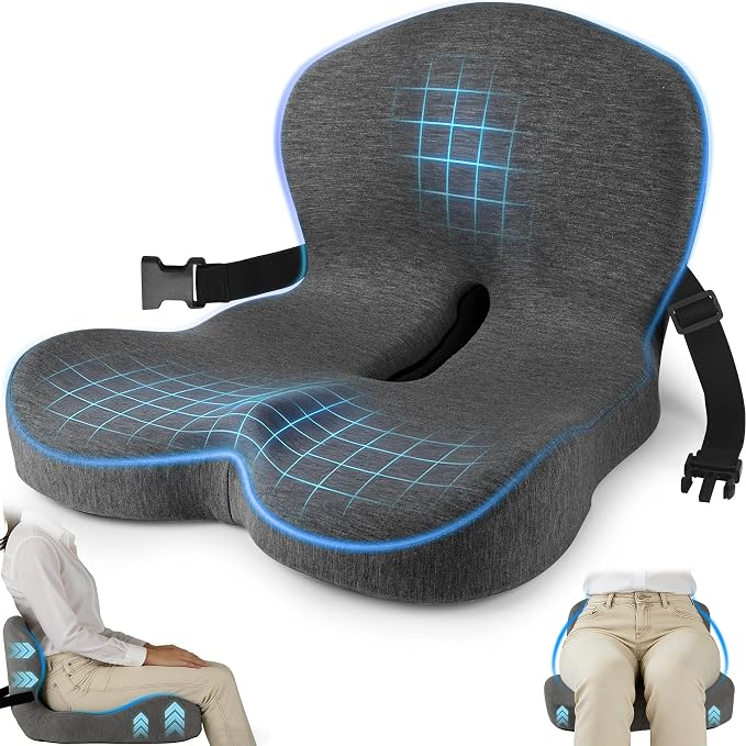Truck Seat Cushion, Memory Foam Trucker Seat Cushion for Truck Driver Long Sitting with Adjustable Strap, Back Support and Pain Relief for Trucker Driving Office Chair and Pain, Dark Gray by MYFAMIREA