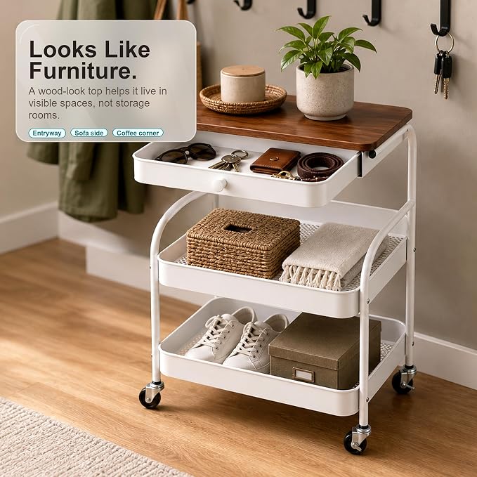 3 Tier Rolling Cart with Hidden Drawer and Wood Top, Small Space Storage Cart with Wheels, Coffee Station Organizer and Side Table Cart for Living Room, Bedroom, Kitchen, White - Image 3