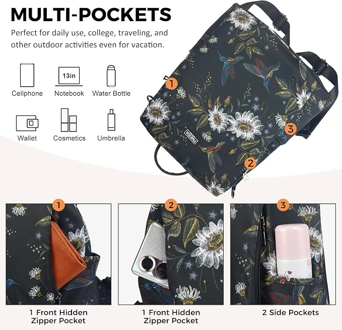 Convertible Backpack Purse for Women Nylon Anti-Theft Backpack | Hidden Back Zipper Opening, Light Compact Travel Size, Waterproof Nylon, Daypack for College Work, Hummingbird Back pack - Image 6