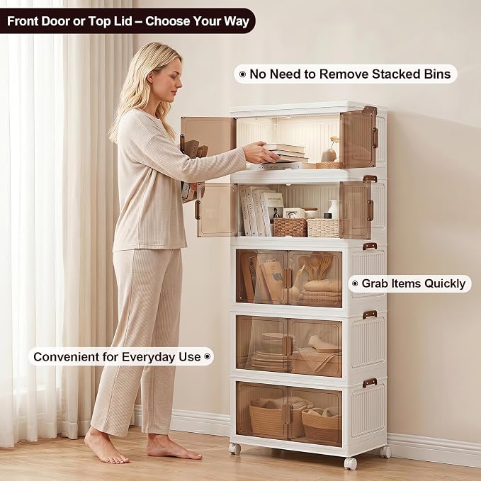 275QT Stackable Storage Bins With Lids, Collapsible Plastic Storage Bins with Wheels and Doors, Foldable Plastic Cabinets for Bedroom Dorm Garage - Image 4