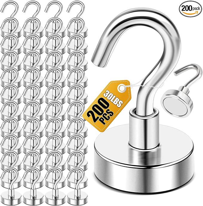 DIYMAG Magnetic Hooks 200pcs 30lbs Cruise Essentials 2026 Magnet Hook | Neodymium Heavy Duty Strong Magnets Hanging Ship Cabins Refrigerator Fridge Classroom Beach Vacation Kitchen Grills Home Tool by DIYMAG