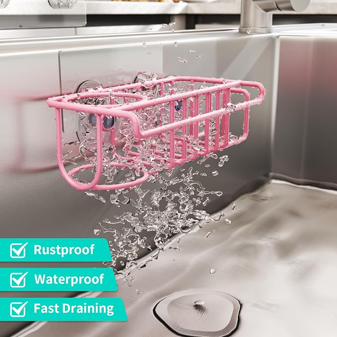 HapiRm Sink Caddy Sponge Holder - No Drill Sponge Holder for Kitchen Sink, Rustproof and Waterproof Kitchen Organizer - Pink - Image 3