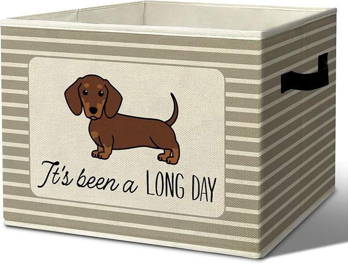 Rustic Dachshund Storage Bins Boxes with Handles | toys books clothes, it's been a long day grey striped nursery foldable basket for organizing bedroom toddler room playroom by Unknown