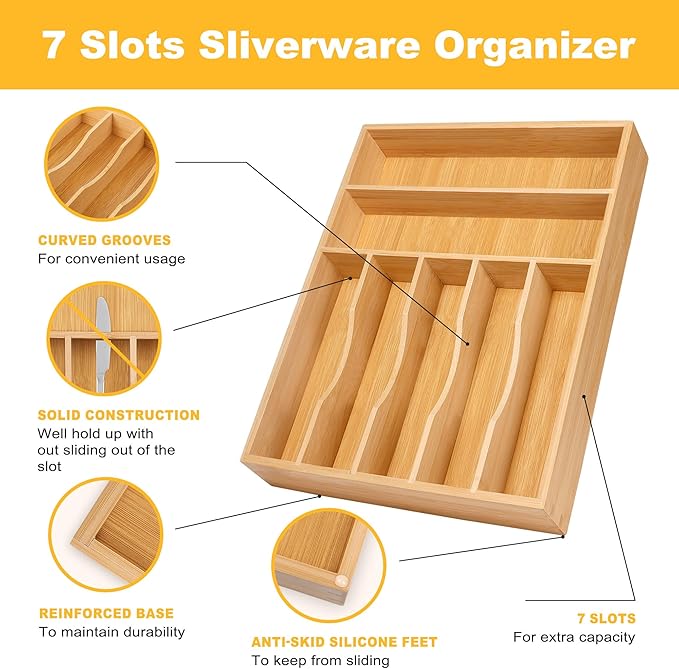 Kitchen Bamboo Silverware Organizer, Kitchen Drawer Organizer - Utensil Holder and Cutlery Tray with Grooved Drawer Dividers for Flatware 7 Slot, Natural - Image 5