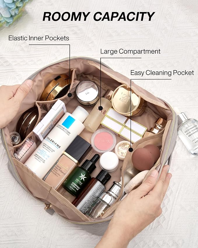 BAGSMART Makeup Bag Cosmetic Bag, Travel Makeup Bag,Water-resistent Makeup Bags for Women Portable Pouch Open Flat Make Up Organizer Bag for Toiletries, Brushes, Tranquil Gray - Image 3