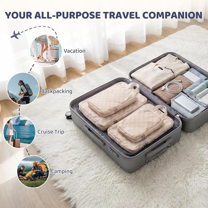 4 Set Expandable Compression Packing Cubes for 3–7 Day Travel, Solid & Plaid Fabric Travel Organizers, Double-Zipper Storage Bags for Carry-On & Suitcases(4set-Cream Beige) - Image 4
