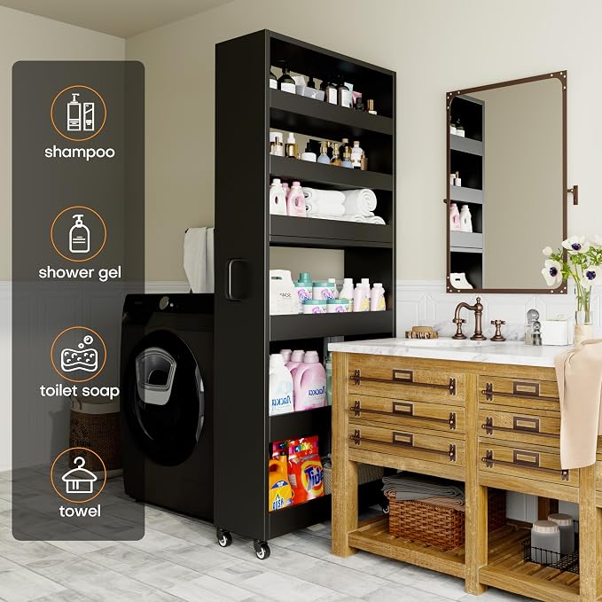 Slim Storage Cart, Lightweight 6 Tier Metal Rolling Utility Kitchen Cart on Wheels, Mobile Storage Shelving Unit Organizer for Bathroom Laundry Office Narrow Places (Black, 10" D) - Image 8