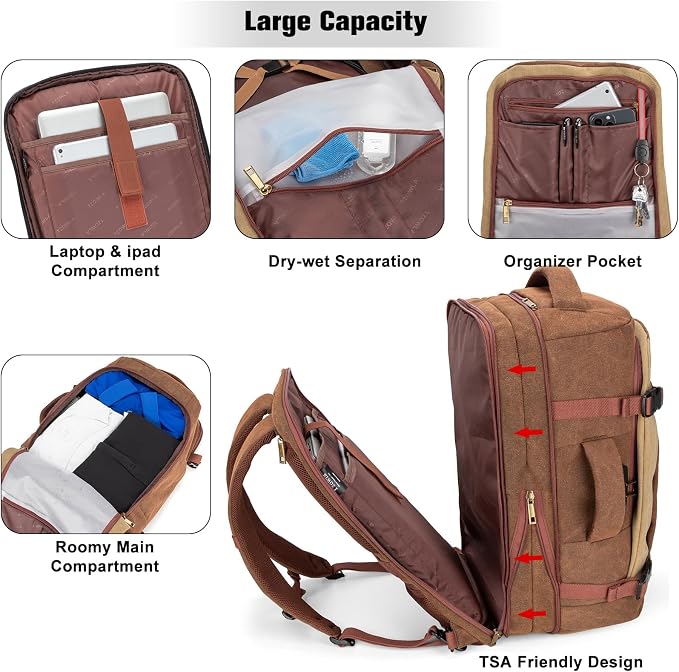 Tzowla 40L Canvas Expandable Travel Laptop Backpack for Men Women Carry on Flight Approved,Large Capacity Anti Theft Backpacks,Vintage Personal Item Bag Fit 17.3" Laptop(Brown & Khaki) - Image 3