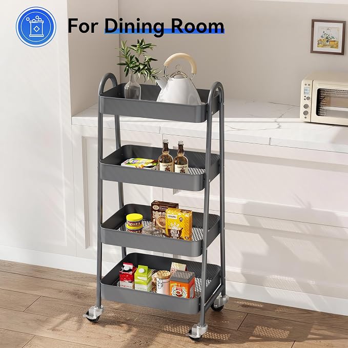 OLIXIS Metal 4 Tiers Rolling Storage Utility Cart with Lockable Wheels | Mobile Organizer Shelf, Space-Saving, Freestanding, Bathroom, Living Room, Slim, Narrow Corner Spaces, Gray - Image 6
